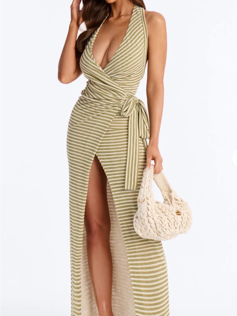 Fashion Nova Olive and Cream Striped Wrap Maxi Dress